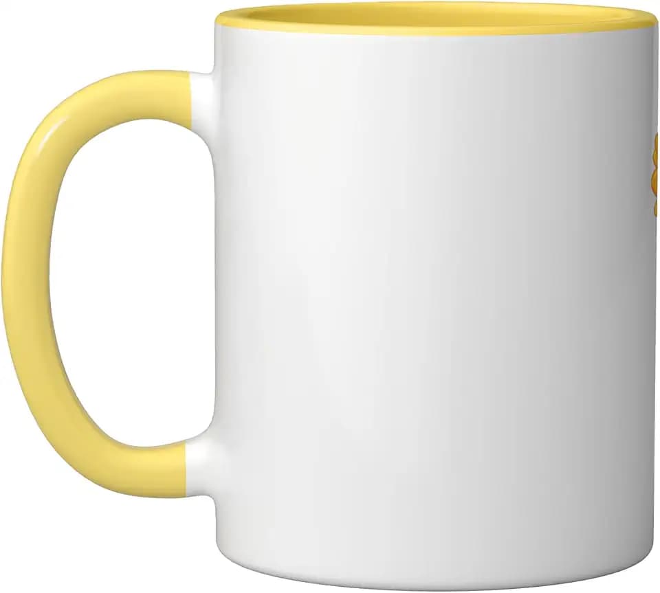 Smiling Orange Flower in Blue Shorts Graphic Ceramic Mug, Yellow/White