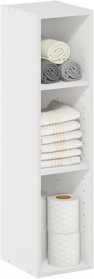 Furinno Fulda Book Shelf, 3-Tier Narrow Storage Cabinet, Bookcase with 8-in Width Storage Shelf, 9.3 x 7.9 x 31.5, for Living Room, Bedroom, Home Office, White