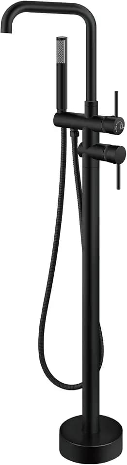 Aolemi Floor Mount Tub Faucet Freestanding Bathtub Filler Standing High Flow Shower Faucets Shower Mixer Taps Swivel Right Angle Spout with Cylinder Handheld Matte Black