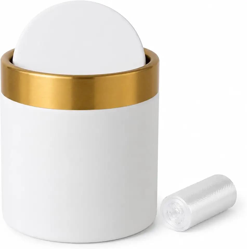 Mini Trash Can with Lid, Metal Small Tiny Mini Trash Bin Can, Mini Countertop Trash Cans for Desk Car Office Kitchen, Swing Top Trash Bin 1.5 L/0.40 Gal (White)