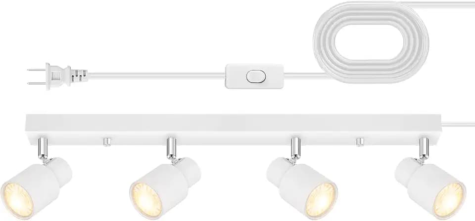 Plug in Track Lighting, 23" LED Track Light Fixtures Ceiling, White 4 Way Spotlight, Rotatable Light Head, Plug in Ceiling Light with Power Cord, Plug Wall Light for Kitchen Hallway Bar(GU10, NO Bulb)