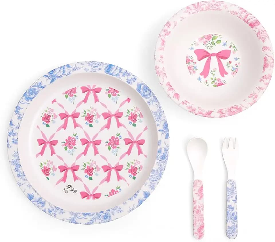 Itzy Ritzy Kids Dinnerware Set, Plate Bowl & Utensils (Ribbons & Roses)