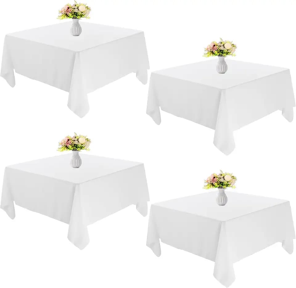 4 Pack Square Table Cloth 85x85 Inch White Tablecloth Machine Washable Fabric Polyester Table Cover for Dining, Buffet Parties, Picnic, Events, Weddings and Restaurants(White)