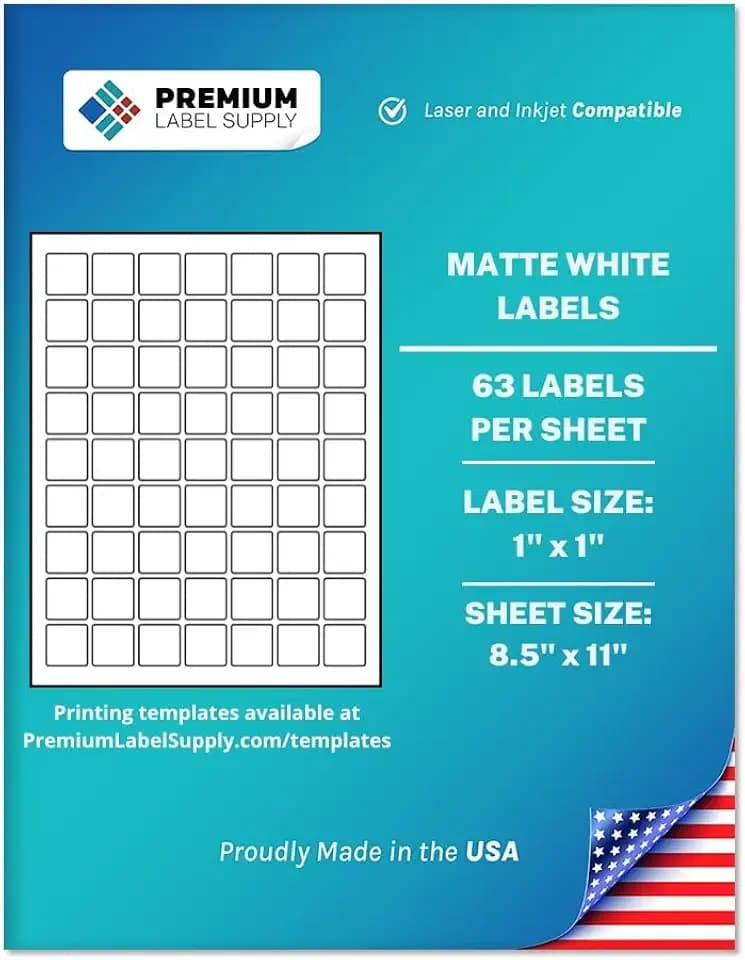 Premium Label Supply White Sticker Square Labels – 1" x 1" – Laser/Inkjet Compatible – (63 per Sheet), 100 Sheets – 6300 Total Adhesive Labels