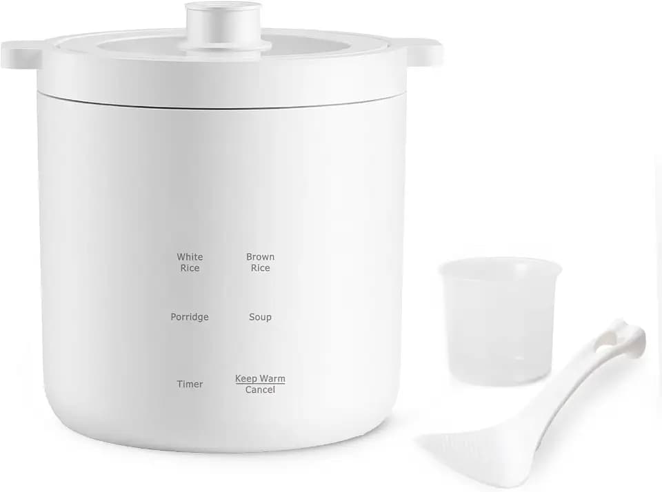 Mini Rice Cooker 2 Cup Uncooked, Small Electric Cooker, with 4 Cooking Functions, 24 Hour Preset and Heat Preservation, Anti Scald Carry Handle
