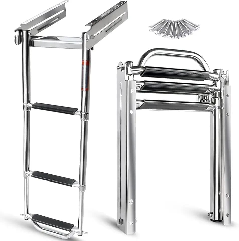 3-4 Step Ladder Under Platform Slide Mount Boat Boarding Ladder, Telescoping Ladder with a Carry Handle and Mounting Screws, Press-Type Spring Latch (3 Steps)