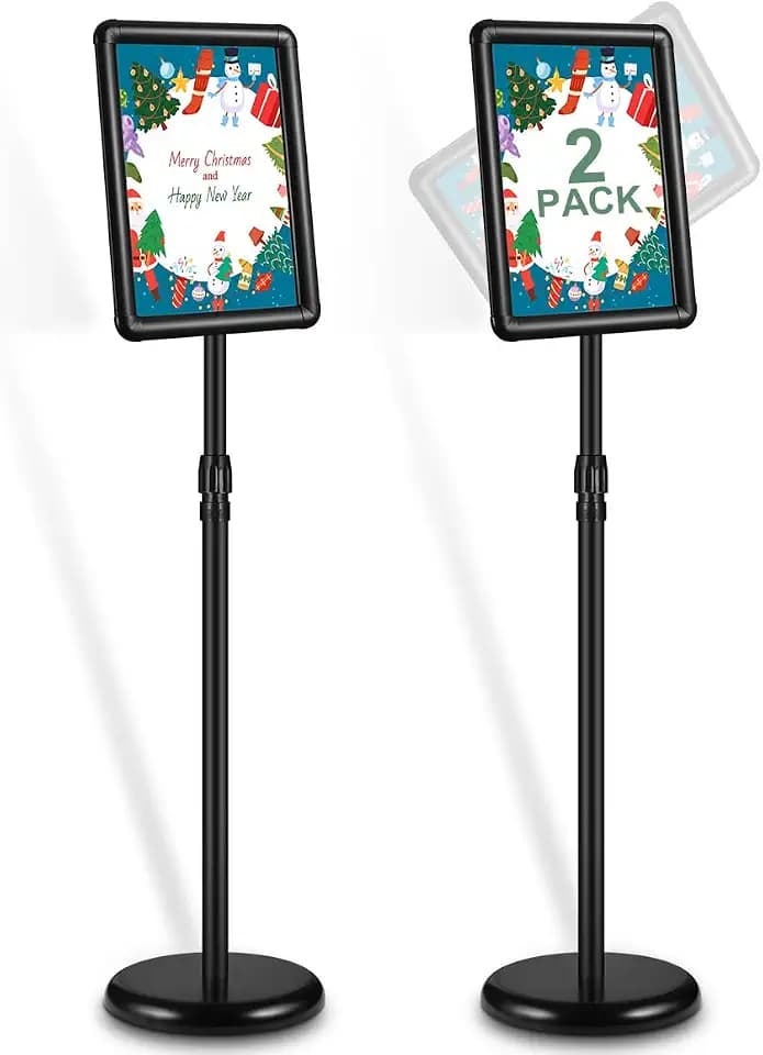 JACNITAD 2 Pack Adjustable Sign Holder Stand with Base, 8.5 x 11 Inch Vertical and Horizontal View Sign Displayed, Snap Open Frame for School Store Business Advertise Show Christmas Decor, Black