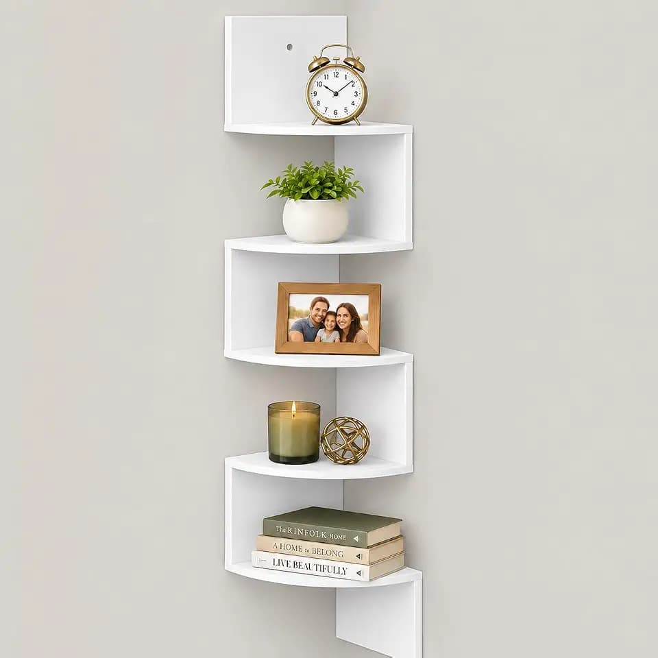 Greenco 5-Tier Corner Shelves, Floating Corner Shelf, Wall Organizer Storage, Easy-to-Assemble Tiered Wall Mount Shelves for Bedrooms, Bathroom Shelves, Kitchen, Offices, Living Rooms, White Finish