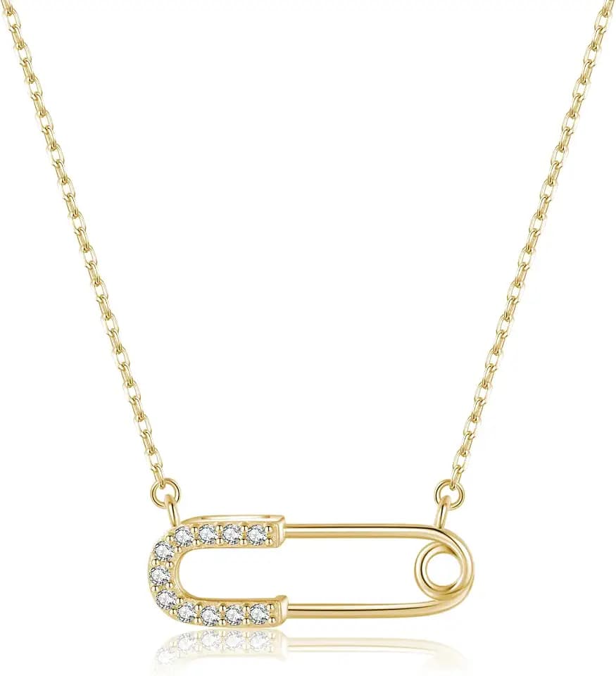 Reffeer Solid 925 Sterling Silver Safety Pin Choker Necklace for Women Teen Girls Paper Clip Pendant Necklace CZ Pin Necklace