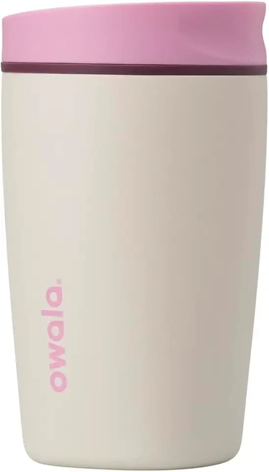 Owala SmoothSip Slider Insulated Stainless Steel Coffee Tumbler, Reusable Iced Coffee Cup, Hot Coffee Travel Mug, BPA Free 12 oz, Pink/Tan (Daybreak)
