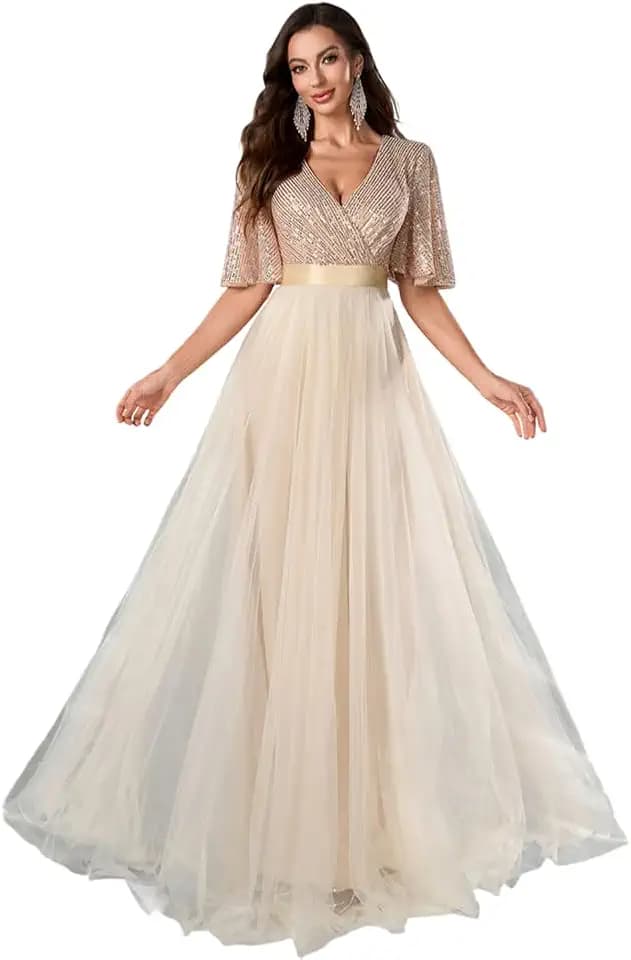 Giffniseti Women's Sequin Chiffon V Neck Maxi Dress Short Sleeve Prom Evening Gowns