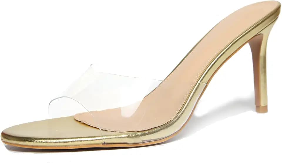 Women's Clear Open Toe High Heels Slide Sandals Slip on Transparent Strap Stiletto Heel Dressy Mules Comfort Party Wedding Prom Backless Dress Shoes