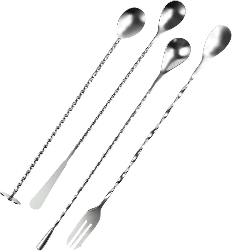 4 Types 304 Stainless Steel Cocktail Mixing Spoons with Long Spiral Handle