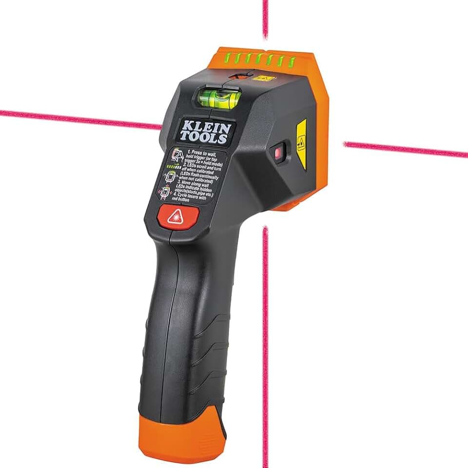 Klein Tools ESF150LL Laser Level Stud Finder, Bubble Level, Laser Class 3R; ≤5mW; 15-Foot in All Directions, for Wood and Metal Studs, LED and Audio Alert, Batteries Included