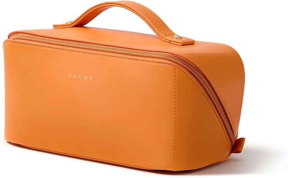 EACHY Travel Makeup Bag for Women, Flat Open Cosmetic Bag, Orange, Medium