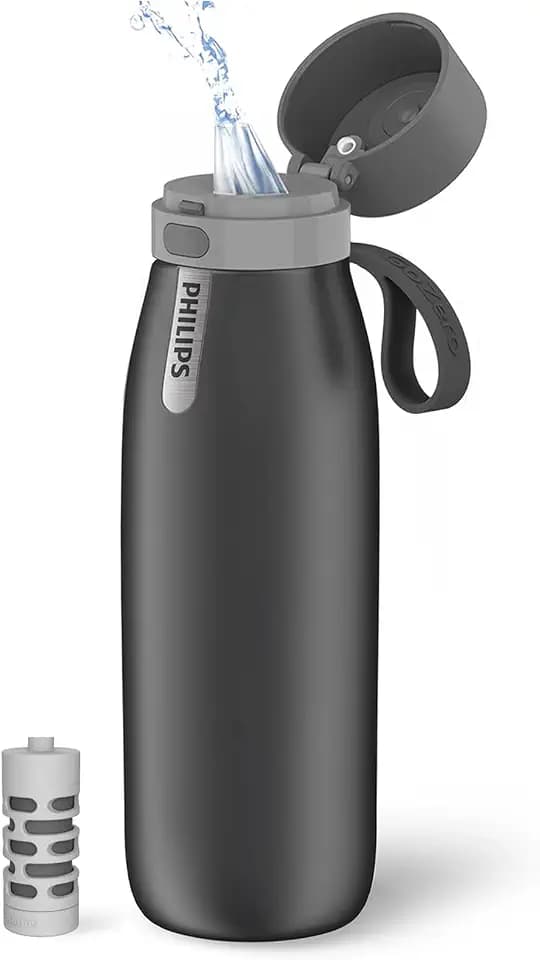 PHILIPS Filtered Water Bottle Stainless Steel Keeps Cold 18.6oz Black