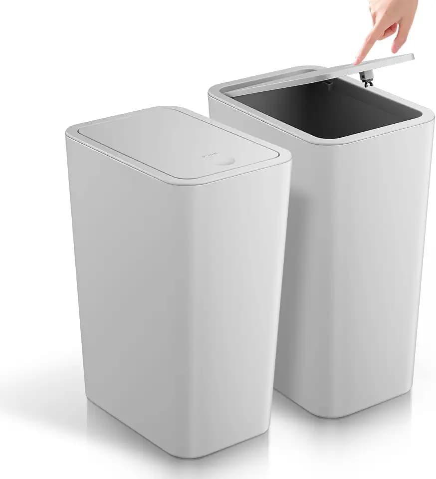 TIPGO Bathroom Trash Can with Lid, 4 Gallon / 15 Liter Small Garbage Can, Press Top Bin, Plastic Wastebasket with Pop-Up Lid for Bedroom, Living Room, Office (Grey, 2 Pack)