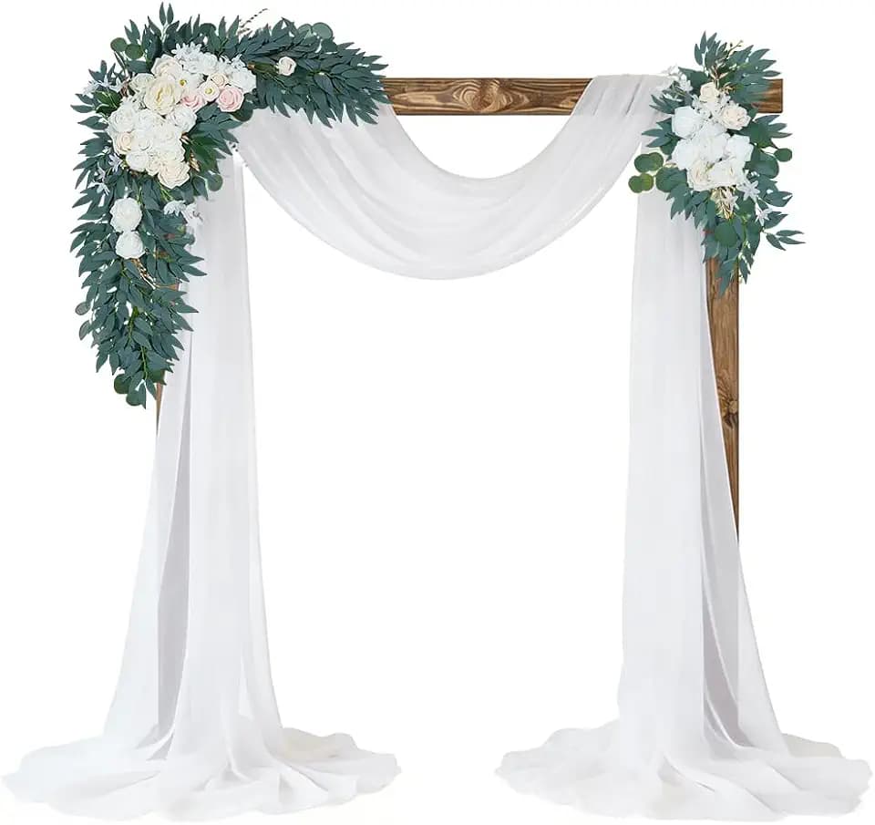 Wedding Arch Flowers with Drapes Kit(Pack of 4), 2 Flowers and 2 White Drapes, Wooden Wedding Arch Decorations Welcome Signs Entrance, Ideal for Ceremony Backdrop & Reception Decor