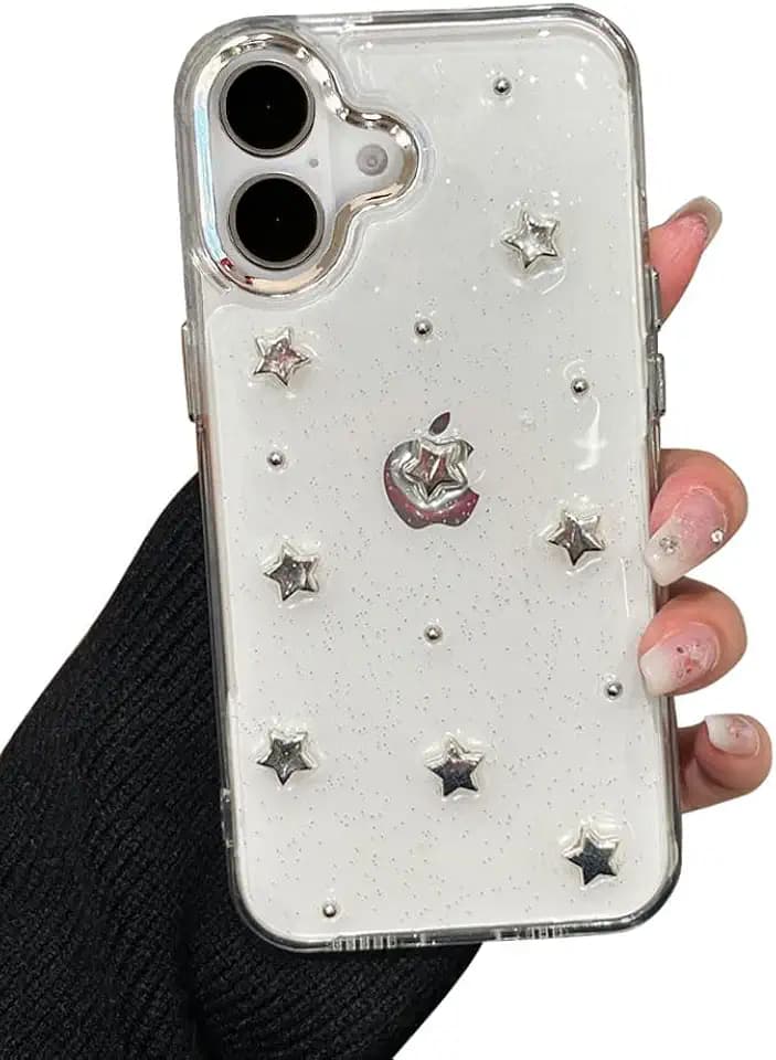 EYZUTAK Case for iPhone 16, Bling Glitter 3D Silver Stars Phone Case