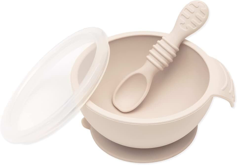 Bumkins Feeding Set with Suction, Includes Spoon and Lid, Training Essentials for Baby-Led Weaning, Toddler Self-Feeding, Babies Eating at 4 Mos Up, Beige