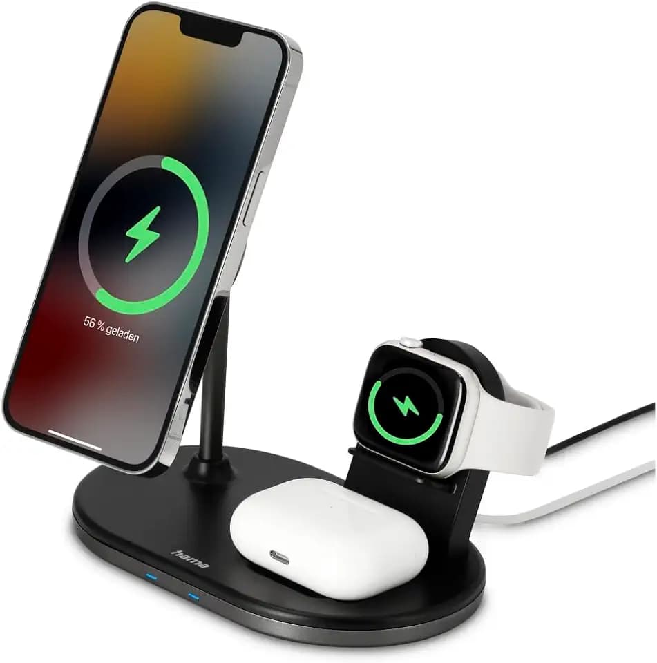 Hama Wireless Charger „MagCharge“ für Apple iPhone, Apple AirPod, Apple Watch (induktive Ladestation mit Quick Charge 15 W, magnetisches, kabelloses Ladegerät für Apple MagSafe und Hama MagLine)