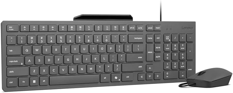 Lenovo 310 USB-A Combo Tastatur und Maus mit Kabel (Roter optischer Sensor, 2000 DPI, 3 Tasten, Scroll, spritzwassergeschützte Tastatur, Handyhalterung, USB-A) Spanische QWERTY-Tastatur, Grau