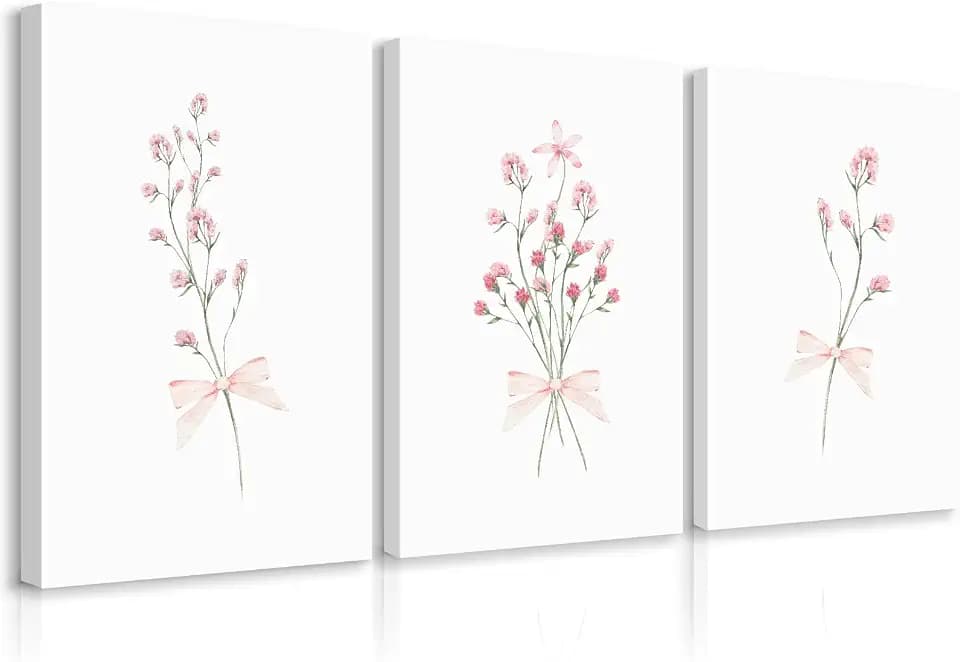 Nursery Flower Wall Art Girl Floral Canvas Wall Decor Boho Wildflower Art Poster Pink Bow Pictures Nursery Floral Prints Vintage Botanical Artwork for Girls Room Bedroom 16x24x3 Inch Ready to Hang