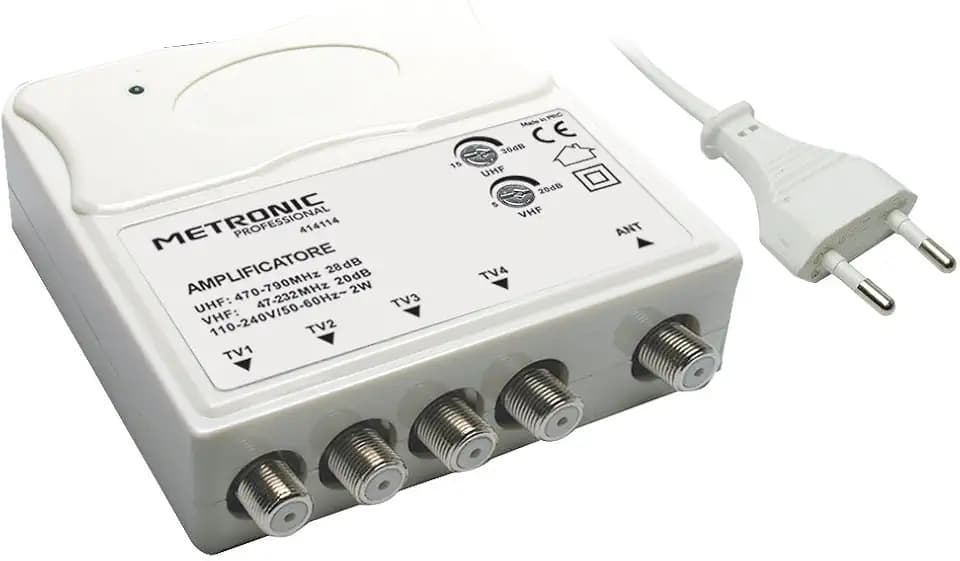 Metronic 414114 TV-Verstärker VHF/Uhf für Digital Terrestrisch mit LTE-Filter, VHF 20 dB und Uhf 28 dB, verstellbar, 1 Eingang / 4 Ausgänge, für den Innenbereich, Weiß