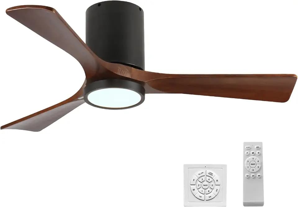 Ceiling Fan with Light and Remote 52 Inch Indoor/Outdoor Flush Mount with 3 Wooden Blades, Reversible DC Motor for Bedroom Living Room Farmhouse Patio
