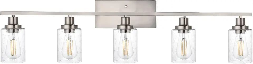 40-Inches Length Bathroom Vanity Lighting Fixtures Over Mirror in Brushed Nickel, 5-Lights Industrial Sconce Wall Lamp with Seeded Glass Shades