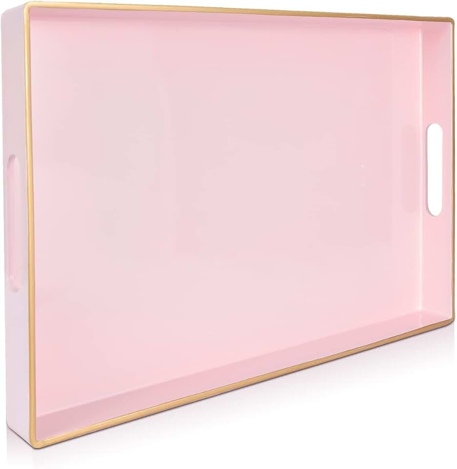 Gifturbo Pink Serving Trays,Decorative Serving Tray with Handles, Coffee Table Rectangular Trays Plastic Tray for Ottoman Bathroom,Living Room, 15.7” x 10.2” x1.37”