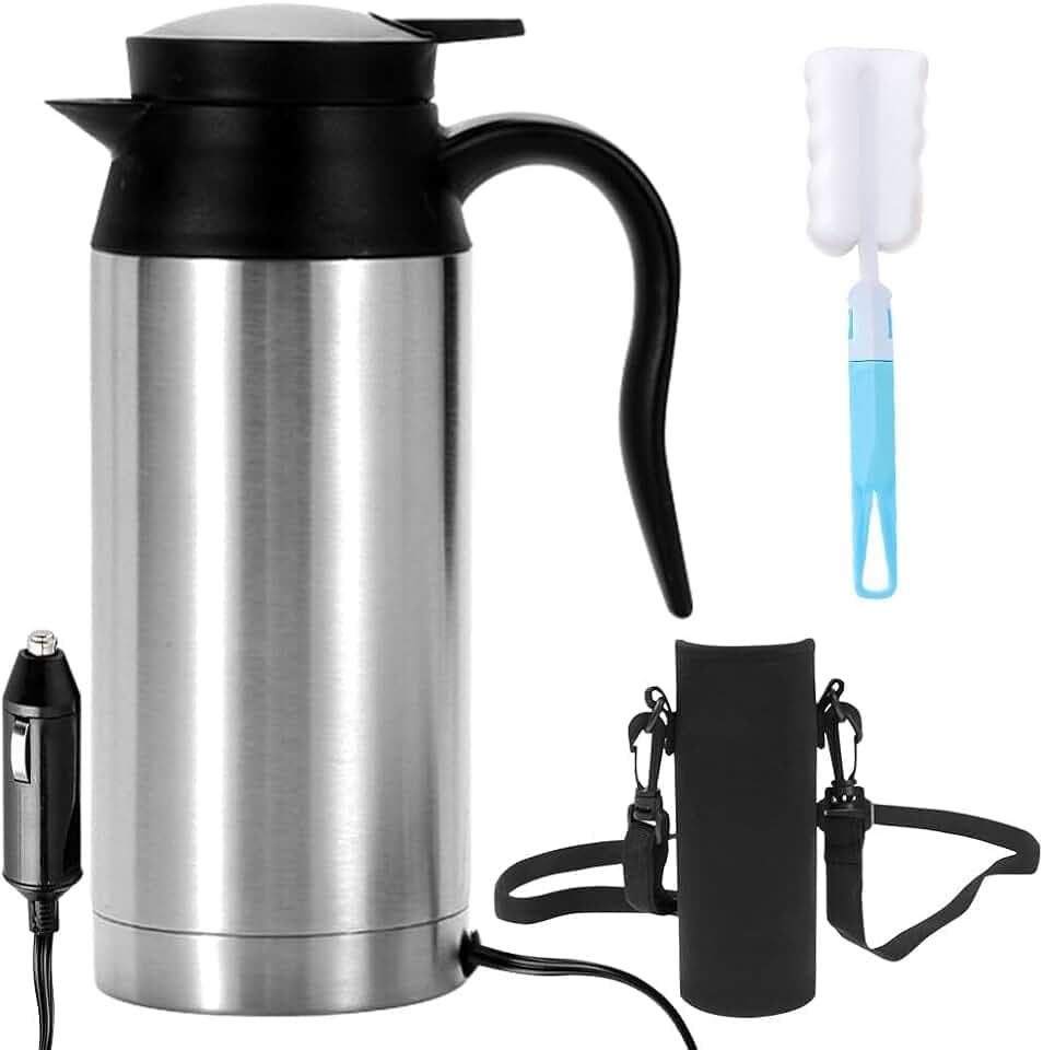 Auto Wasserkocher Edelstahl, 12V 750ml Reisewasserkocher Auto Zigarettenanzünder Tragbarer Edelstahl Reise Wasserkocher Auto Reise Teekanne Kettle für Heißwasser, Schnelles Aufheizen Auto Kettle