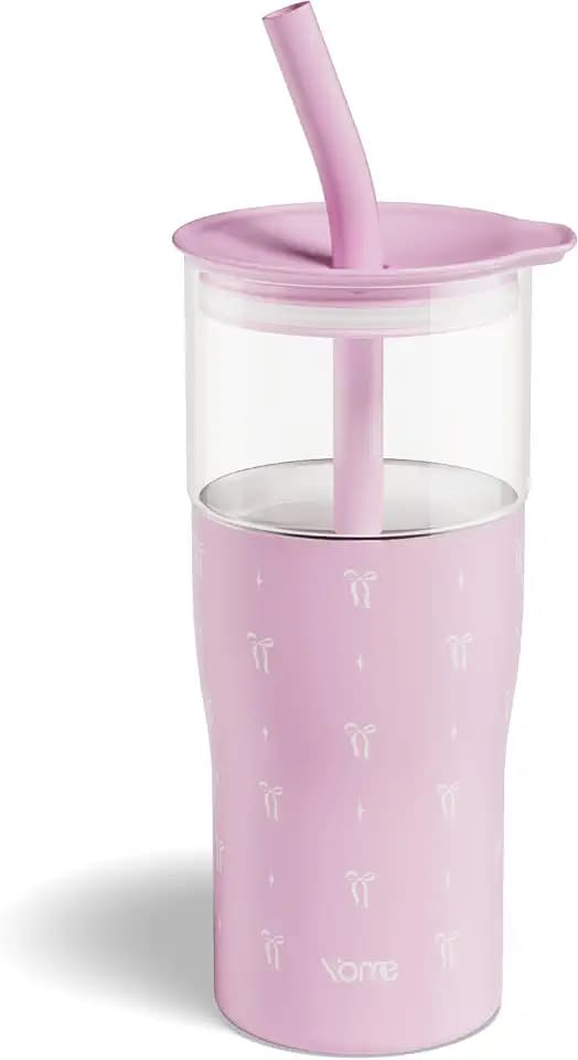 YOME 20oz Elegant Bow Pink Insulated Glass Tumbler with Lid & Straw for Women Gift | Stainless Steel Iced Coffee Cup | Keep Drinks Cold |Cupholder Friendly |Ideal for Iced Coffee, Smoothies & Boba