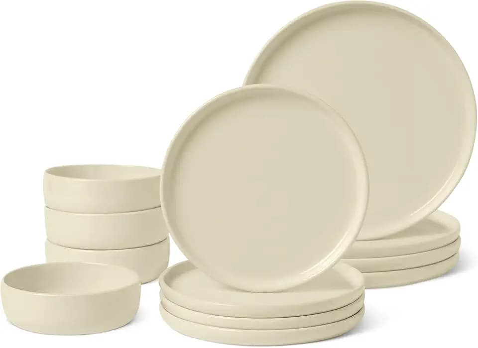 Amazon Basics Glazed Stoneware Dinnerware Set, Ceramic, Dishwasher-Safe, Freezer-Safe, 4 Full Place Settings, 12-Piece, Ivory