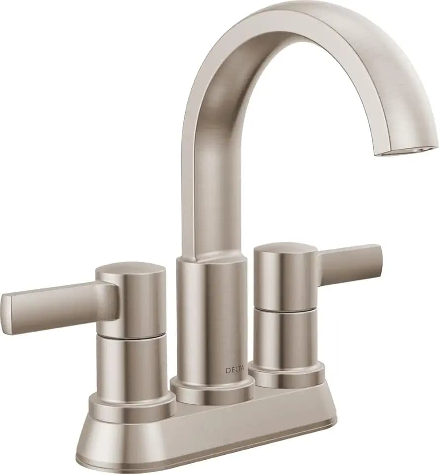 Delta Albion Centerset Brushed Nickel Bathroom Faucet, 4 Inch 3 Hole Bathroom Sink Faucet for Vanity, Metal Push-Pop Drain Assembly, SpotShield Brushed Nickel 25855LF-SP