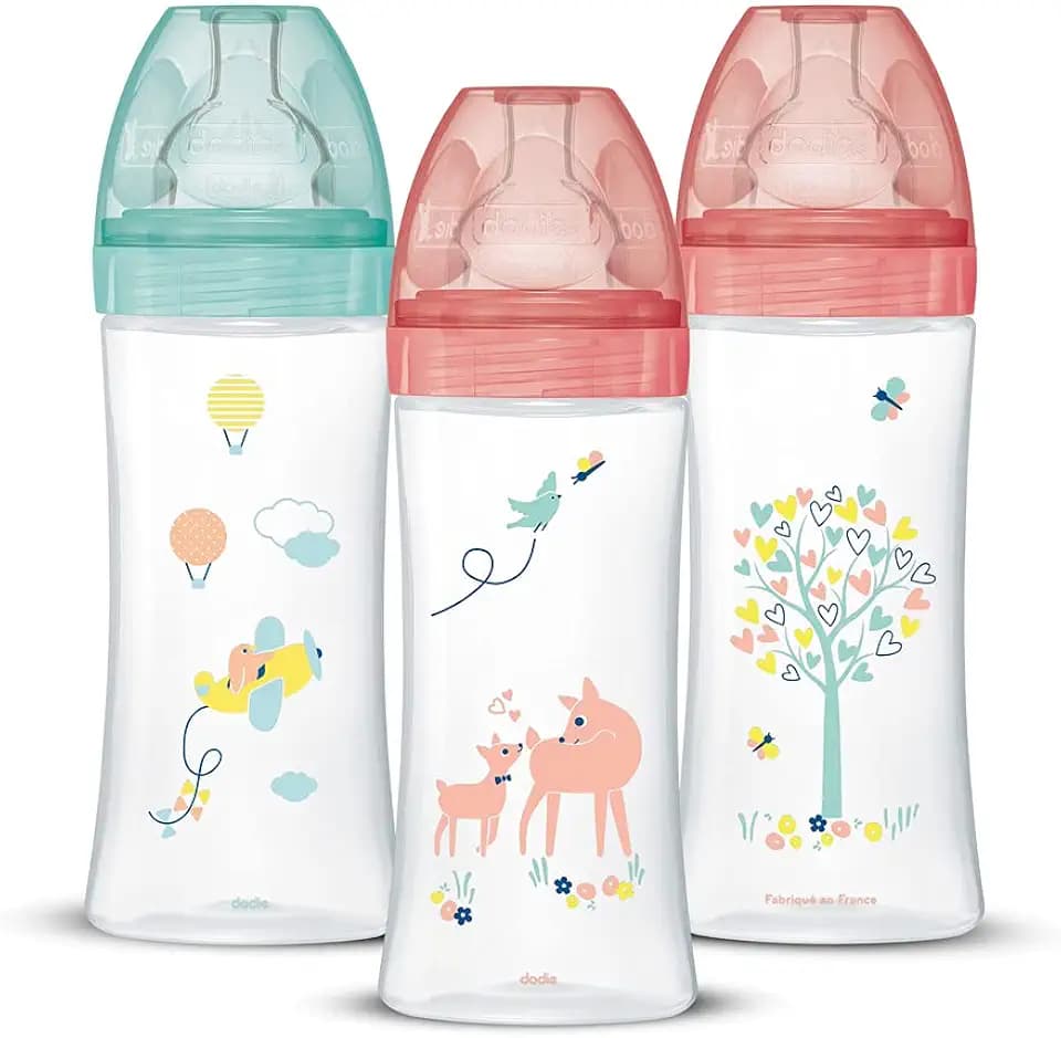 Dodie Babyflaschen, Antikolik Sensation+, für Mädchen, 330 ml, +6 Monate, flacher Sauger, Fluss 3, 3er-Set, 3 Stück