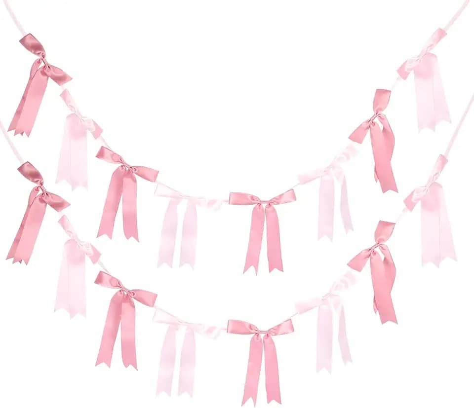 Pink Bow Garlands Banner Decoration, 2 Strings 16PCS Pre-Strung Satin Ribbon Hanging Ornaments for Birthday Baby Shower Girls Nursery Christmas Wedding Party Bow Themed Supplies 6.5 Feet