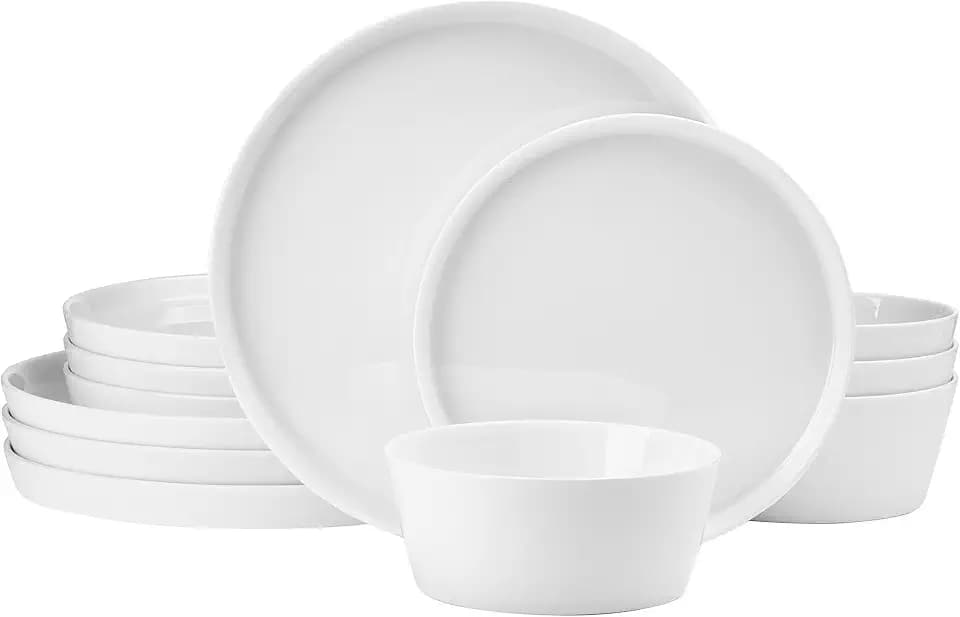 Mikasa Rylee High Rim 12 Piece Bone China Durable Chip Resistant Lightweight Dinnerware Set, Service for 4, White