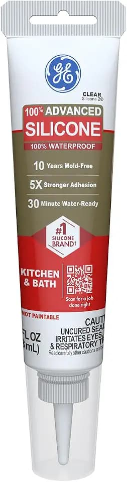 GE Advanced Silicone Caulk for Kitchen & Bathroom, Clear, 2.8 fl oz Tube, 1 Pack - 100% Waterproof Silicone Sealant, 5X Stronger Adhesion, Shrink & Crack Proof