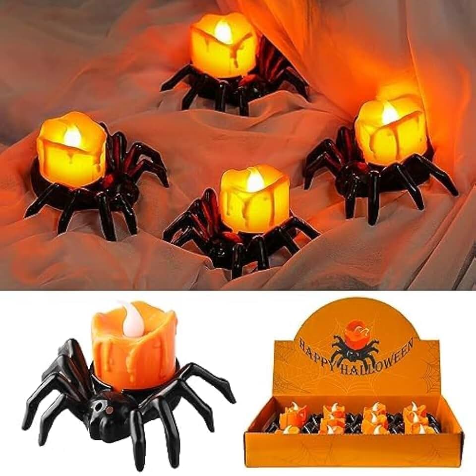 12 PCS Spider Lights Candles, LED Flameless Candles, Battery Operated Lights, Halloween Candle Holder, Spooky Spider Tea Lights for Table Decor