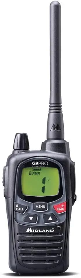 Midland G9 Pro Funkgerät, wasserdichtes IPX4 zertifiziertes Outdoor Walkie Talkie, mit 32 PMR446-Kanälen , AA 1800 mAh Akkus, Standladegerät und Gürtelclip, C1385