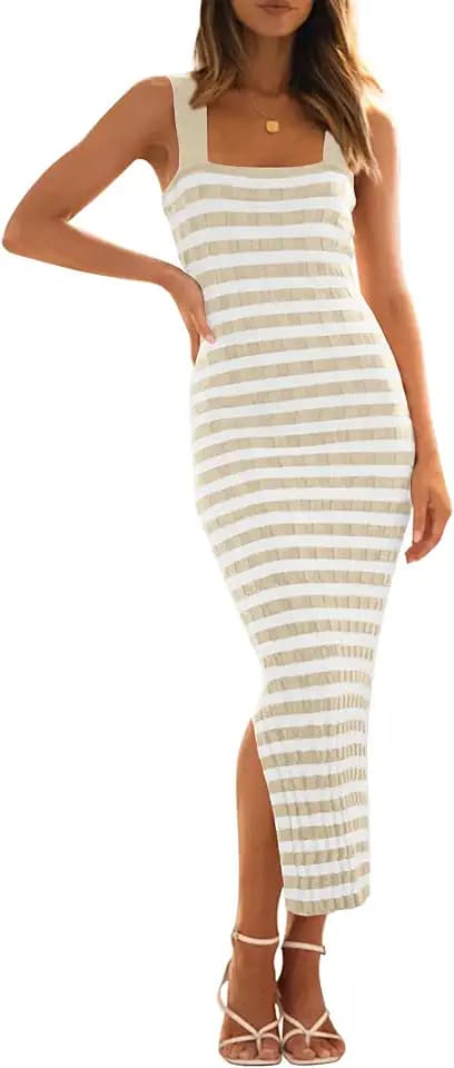 MEROKEETY Womens Summer Striped Bodycon Ribbed Knit Midi Sweater Dress 2026