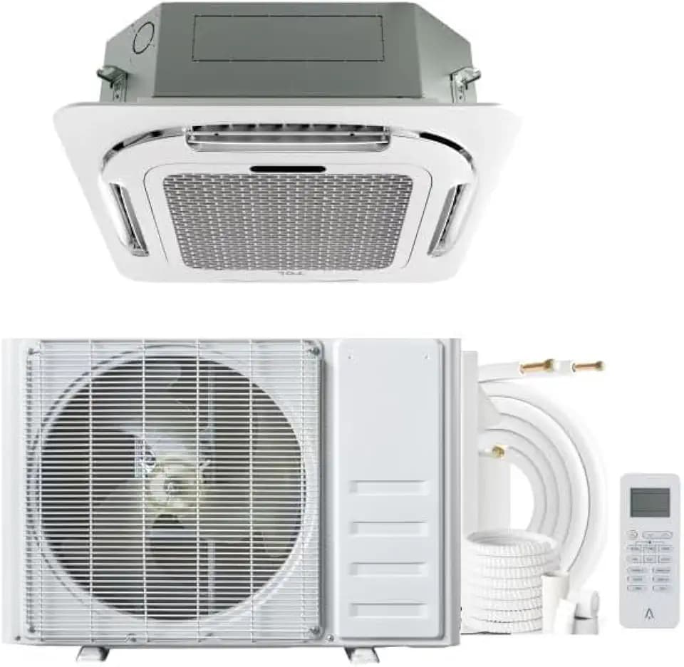 9000 BTU Ceiling Cassette Mini Split AC & Heat Pump, 23 SEER2 Ductless Inverter AC Units Cooling & Heating Ceiling Air Conditioner, 8-way 360° Airflow, Remote Control & 25FT Installation Kits, 230V