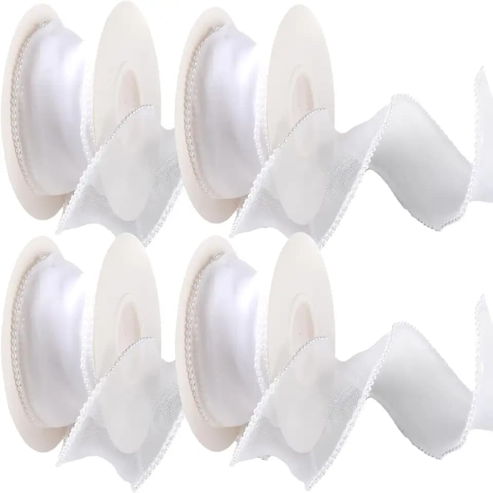 4 Rolls 20 Yards 1.5 Inch White Ribbon with Pearls Silk Mesh Fishtail Sheer Organza Pearl Edge Bead Transparent Ribbons Trim Bulk Roll for Sewing Making Crafts Gift Wrapping Wedding Bouquet