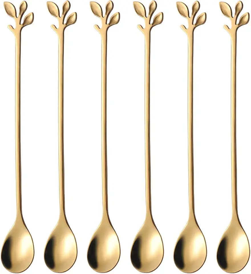 AnSaw 6-Piece Elegant Gold Leaf Long Handle Teaspoons - 7.4"