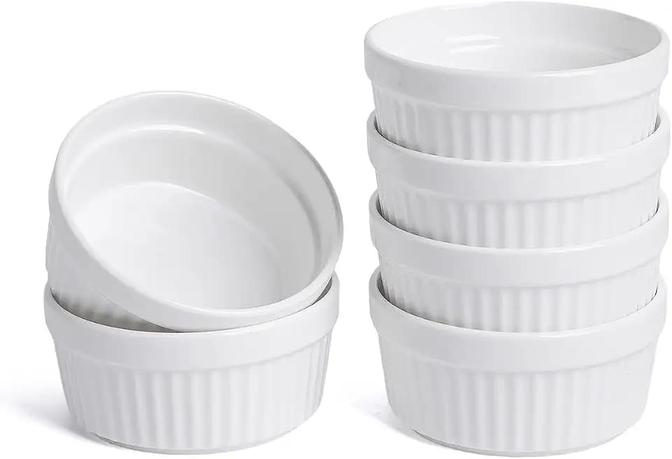 3 oz Ramekins Set of 6, Oven Safe Porcelain Ramekin Bowls for Creme Brulee, Souffle & Custard, Dessert Cups & Dipping Sauce Dishes, Stackable, Soft White