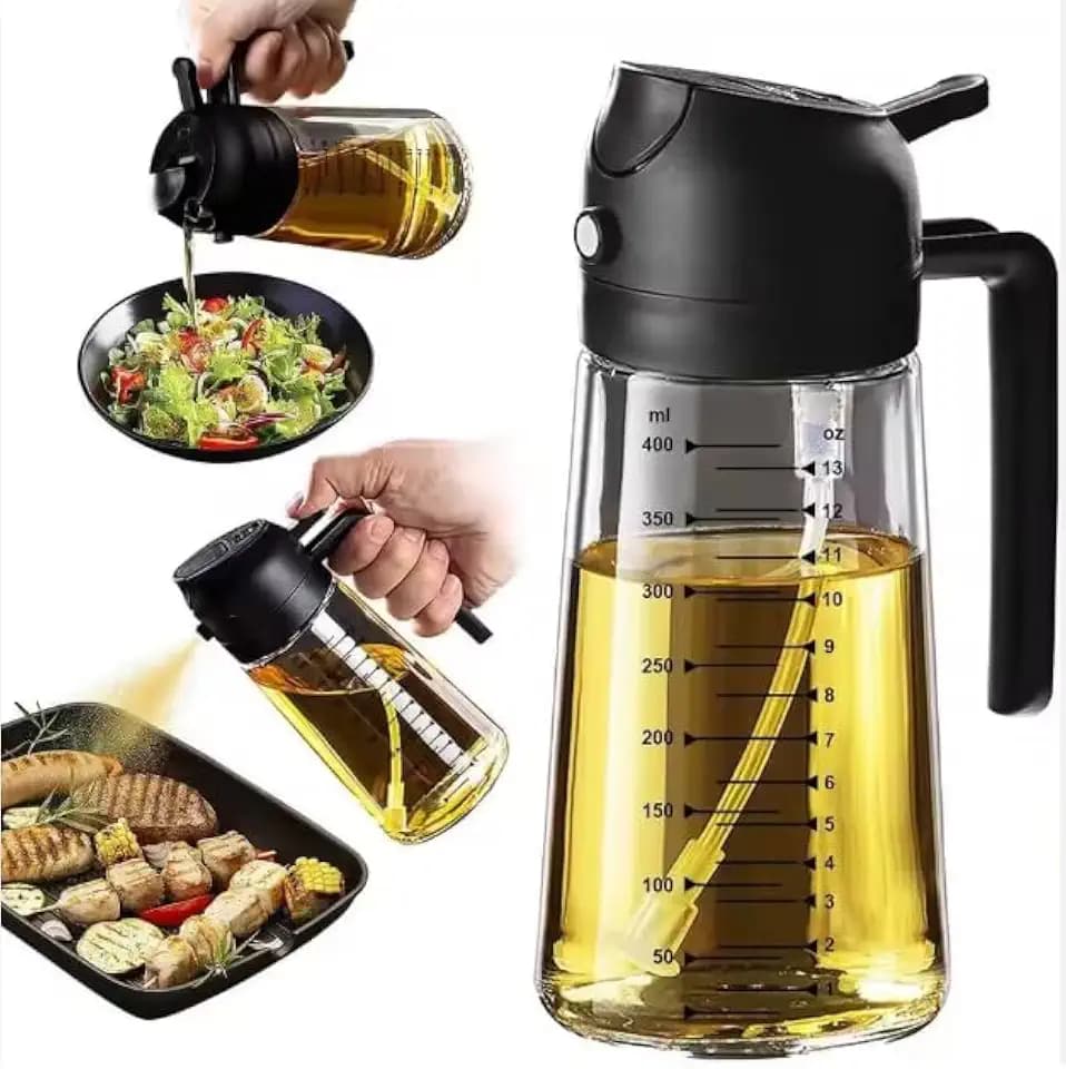16oz/470ml Glass Olive Oil Sprayer for Cooking – 2 in 1 Olive Oil Dispenser Bottle for Kitchen Gadgets and Air Fryer Accessories, Salad, BBQ - Black