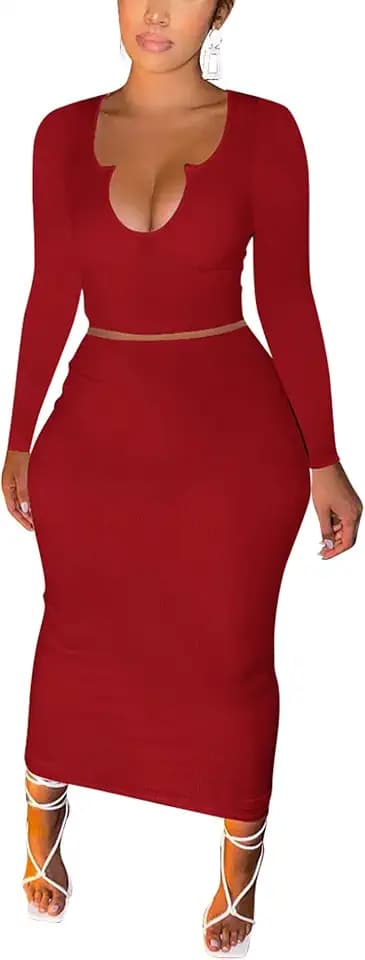 Women Sexy Two Piece Skirt Outfits Long Sleeve/Sleeveless V Neck Bodycon Ribbed Knitted Maxi Club Party Dress