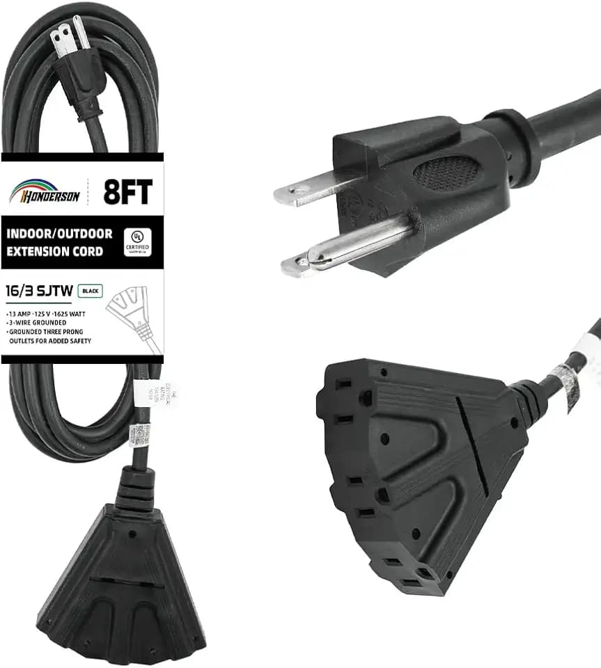 8 Ft Black 3 Outlet Outdoor Extension Cord Weatherproof 16 Gauge