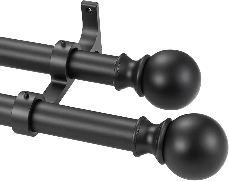 Double Window Curtain Rods, 1Inch Back and Front Rod, 72-144” Adjustable Length, With Same Size Round Finials Dual Curtain Rod, Matte Black